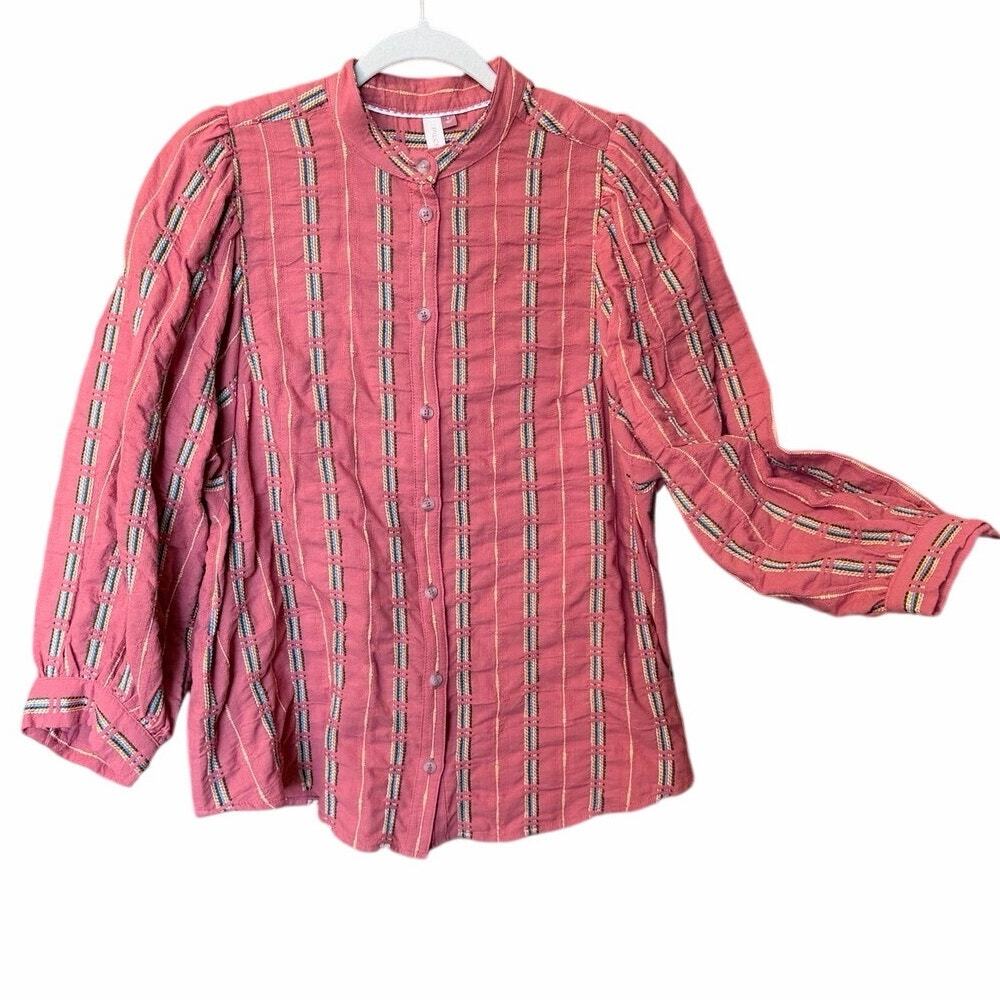 Pilcro rust orange long sleeve button front shirt top small stitching detail